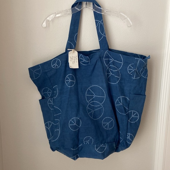 Free People Handbags - NWT Free People Organic Veg Dyed Printed Tote Indigo Peace Sign $68